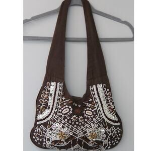 Y2K Roxy Brown Hobo Slouchy Beaded Cotton Shoulder Bag